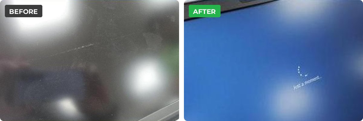 Laptop screen before refurbishment with visible scratching, and after Screen Saver film is applied