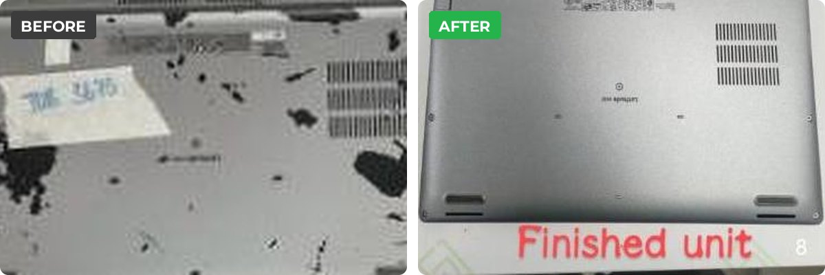 Laptop base before refurbishment with chipped paint, and after Skins with a clean uniform silver finish