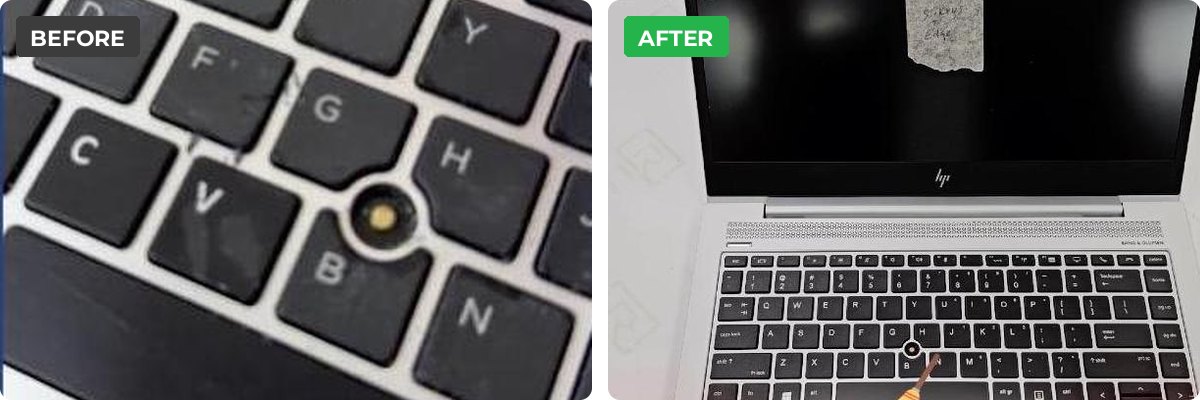 Worn laptop keyboard before refurbishment, and after SticKeys with a factory-fresh appearance